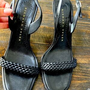 Richard Tyler black leather braided strap stiletto sandals size 7 1/2